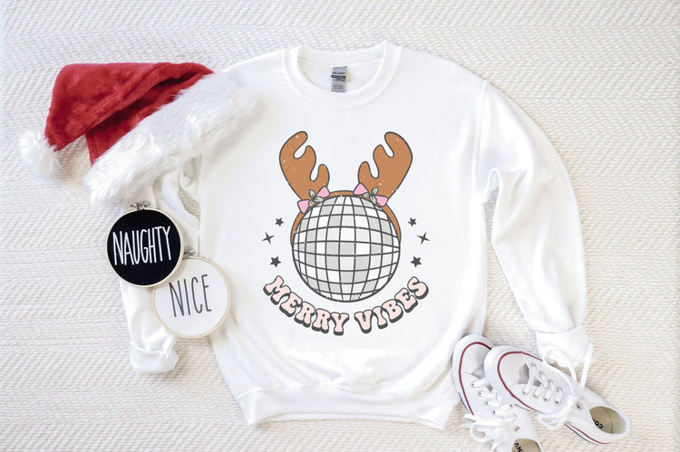 Merry Vibes Retro Holiday Crew Neck Sweatshirt